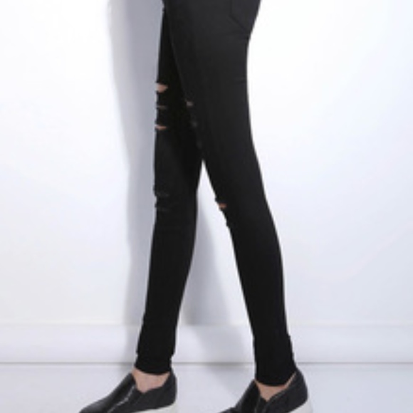 NEW!! Black High-Waisted Ripped Denim Leggings!! - Picture 4 of 7